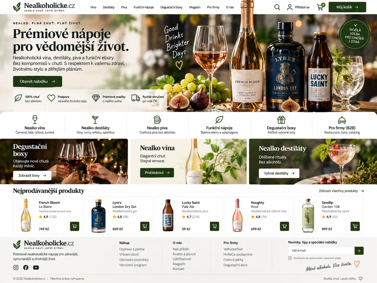 Ilustrační návrh zeleného obchodu Nealkoholicke.cz s vínem, destiláty, pivem, degustačními boxy a produktovými kartami